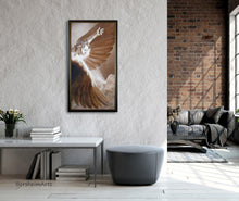 Load image into Gallery viewer, The large wall decor fine art print of the painting The Triumph of Icarus looks uplifting and inspiring in this loft apartment of greys and red brick.
