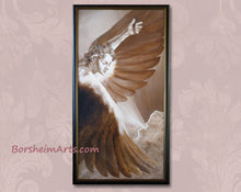 Carica l'immagine nel visualizzatore di Gallery, The Triumph of Icarus is a framed print of a painting that sold in 2004.  It depicts the moment when Icarus is at his highest point in Flight, above the clouds and looking down, surrounded by his wings, in a moment of pure joy and awe at his total freedom.  Just before his famous fall to his death. artwork by Kelly Borsheim
