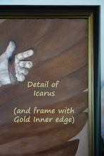 Carica l'immagine nel visualizzatore di Gallery, Detail showing a part of the hand of Icarus inside a handle of his makeshift wing as he flew up into the skies.  The frame is a soft black with a gold inner lining in the frame.  Work is sold ready to hang and enhance your home.