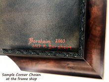 Carica l'immagine nel visualizzatore di Gallery, Detail showing the choice of the frame with the floral pattern in black.  This is the sample corner the frame shop used... not the actual frame.  Triumph of Icarus print, your choice of this frame or a gold lined one.