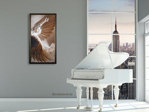The large wall art print of The Triumph of Icarus graces this elegant piano room in a loft apartment.  Framed and ready to hang, free shipping, too.