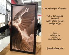 Load image into Gallery viewer, Your choice of frames for this 40 x 20 inch print of The Triumph of Icarus.  This frame has a carved pattern on the inner edge of the dark brown frame.  Elegant for your home or office inspiring decor wall art.
