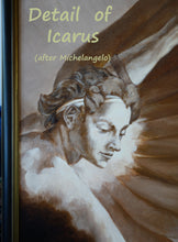Carica l'immagine nel visualizzatore di Gallery, Detail of the face of Icarus, inspired by a male figure painted by Michelangelo Buonarotti ... acrylic paint in sepia colors with some metallics thrown in.  art by kelly borsheim