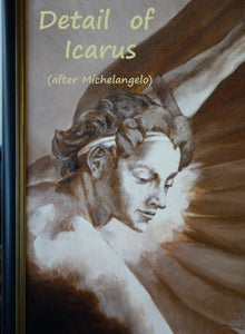 Detail of the face of Icarus, inspired by a male figure painted by Michelangelo Buonarotti ... acrylic paint in sepia colors with some metallics thrown in.  art by kelly borsheim