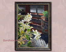 Laden Sie das Bild in den Galerie-Viewer, gorgeous backlighting on flowers of Jasmine plant near an outdoor staircase and iron gate, shown in its Italian made wood frame.