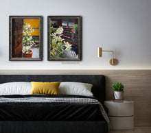 Load image into Gallery viewer, The muted golden pillow on this dark grey bed really compliments the color in this pair of paintings about jasmine flowers. 
