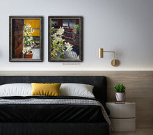 Laden Sie das Bild in den Galerie-Viewer, The muted golden pillow on this dark grey bed really compliments the color in this pair of paintings about jasmine flowers.