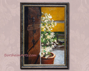 Painting of jasmine flowers on the porch in front of an open wooden door.  The Front door to the Italian house has a string of keys hanging from the opened lock.  Lovely gift for gardeners and flower lovers, as well as Tuscan colors.