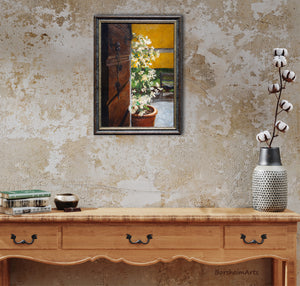 Shown here as an accent piece in a corridor, this original framed painting of keys to the house in the open door with a pot of jasmine flowers and a broken old bench in the background look great hanging on a warm light brown textured wall and over a side board.  There is a stem of cotton plant in a vase to the right.  Cottagecore decor, charming art for the rustic home