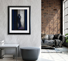 Load image into Gallery viewer, This minimalist pastel drawing in blues, white, and purple on black paper looks great in this modern loft home decor.
