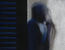 Cargar imagen en el visor de la galería, detail of minimalist figure drawing, pastel on Firenze paper, blues, white, and purple on black paper, detail of man's profile in silhouette