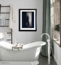 Cargar imagen en el visor de la galería, Ahhh, nice hot bath to relax as the man silhouetted in a doorway does.  That is the subject of a pastel drawing on black paper in this elegant bathroom mockup.
