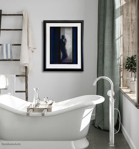 Ahhh, nice hot bath to relax as the man silhouetted in a doorway does.  That is the subject of a pastel drawing on black paper in this elegant bathroom mockup.