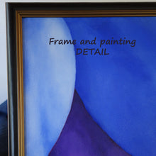 Carica l'immagine nel visualizzatore di Gallery, Detail of black wood frame with gold inner border showing the upper right corner of the original oil painting Legs in Purple and Blue