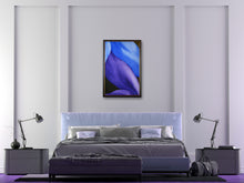 Load image into Gallery viewer, Purple and Blue legs are entwined in a sexy embrace in this vertical oil painting.  Shown here in a bedroom with a touch of purple in the home decor.  Fine art painting by Kelly Borsheim
