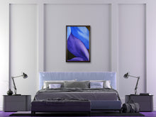 Carica l'immagine nel visualizzatore di Gallery, Purple and Blue legs are entwined in a sexy embrace in this vertical oil painting.  Shown here in a bedroom with a touch of purple in the home decor.  Fine art painting by Kelly Borsheim