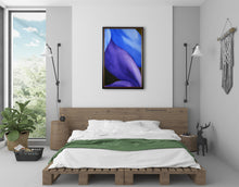 Carica l'immagine nel visualizzatore di Gallery, This large vertical oil painting of purple and blue legs adds a peaceful romantic touch to this modern, but cozy, bedroom.