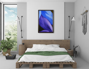 This large vertical oil painting of purple and blue legs adds a peaceful romantic touch to this modern, but cozy, bedroom. 