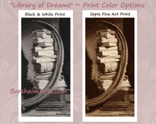 Load image into Gallery viewer, Comparison of Black &amp; White vs. Sepia Fine Art Print Color Choices of Library of Dreams Tower of Old Books Stack of Books Fine Art Print Black and White or Sepia Art PRINT of Charcoal Drawing Pile of Books
