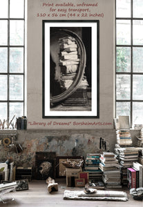 Large 110 x 55 cm (44 x 22 inches) print, sold without frame, Library of Dreams Tower of Old Books Stack of Books Fine Art Print Black and White Art PRINT of Charcoal Drawing Pile of Books