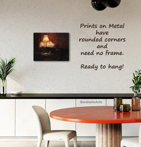Prints on metal have slightly rounded corner and need no frame, or framing optional.  Artwork London Pub is shown here making a rust - orange and black dining room decor look much more comfortable.