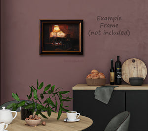 Example wood frame with bronze highlights enhance this dark painting of a single man reading in a London Pub, English tavern art by Kelly Borsheim, shown here is a burgundy wall colored kitchen and dining area in a cozy home