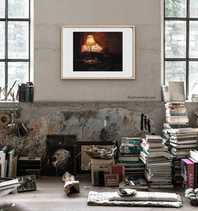 books... books everywhere in this loft room.  London Pub print is framed with wide white mat and light wood frame, creating a focal point in the room that focuses on the love of books.