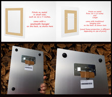 Carica l'immagine nel visualizzatore di Gallery, Showing you the back side of prints on metal, including the hanging aparatus, and for larger prints, the wood stretcher bar backing for easy hanging.