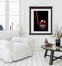 將圖片載入圖庫檢視器 Bronze black male figure sculpture Eric sits on a table in a light colored living room.  A print of the drawing Light in the Tunnel of the pastel drawing series of Passages ~Morocco is seen on the wall home decor.