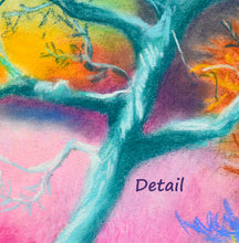 Load image into Gallery viewer, Detail of the pastel painting where the turquoise teal old olive tree stands out against the multi-colored background fields, pink, purple, blue, yellow, orange and red  Art by Kelly Borsheim
