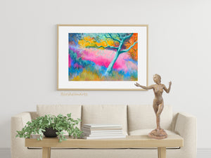 This super colorful pastel artwork is framed with a wide white man and thin nude wood frame.  Shown here in a neutral decor living room.  On the coffee table is the bronze figure sculpture The Little Mermaid, Sirenissima.  Both artworks by Kelly Borsheim