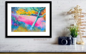 Mystic Olive Grove, rainbow bright colors shown here framed with black and white frame and hung over a shelf.  Art by Kelly Borsheim