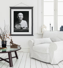 Cargar imagen en el visor de la galería, Classica portrait drawing of a Renaissance man, copy of the sculpture from 1432 attributed to sculptor Donatello in Florence, Italy.  Bronze Male nude figure Eric is seated elegantly on the coffee table.  Art by Kelly Borsheim