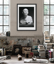 Load image into Gallery viewer, Niccolò da Uzzano Portrait after Donatello, Banker of the Medici family, Charcoal and Pastel on Gray Paper, 25 x 18 inches (64 x 46 cm), drawing framed and matted hanging on loft apartment wall library, art by Kelly Borsheim
