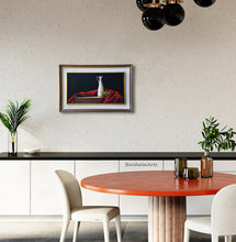 Carica l'immagine nel visualizzatore di Gallery, Another dining room scene for the painting Olives and Oil, a still life painting of the mediterranean diet and classical red cloth.