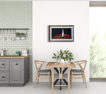 Carica l'immagine nel visualizzatore di Gallery, A small horizontal painting of green olives and a white cruet of olive oil fit perfectly in this small apartment dining room space.  Framed and ready to hang, original art by Kelly Borsheim