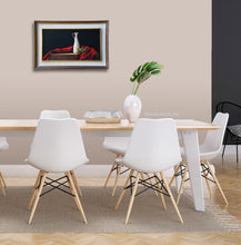 Load image into Gallery viewer, Olives and Oil is a framed original oil painting based on the Mediterranean Italian diet.  classic colors of red, white, and a touch of green brightens up this neutral colored dining room.
