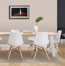 Carica l'immagine nel visualizzatore di Gallery, Olives and Oil is a framed original oil painting based on the Mediterranean Italian diet.  classic colors of red, white, and a touch of green brightens up this neutral colored dining room.