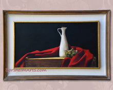 Load image into Gallery viewer, Close up to see the entire painting Olives and Oil with red cloth. shown inside of the double frame, chosen by Italian framer.  Tuscan style art
