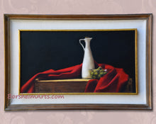 Carica l'immagine nel visualizzatore di Gallery, Close up to see the entire painting Olives and Oil with red cloth. shown inside of the double frame, chosen by Italian framer.  Tuscan style art