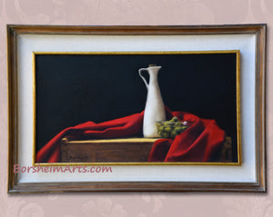 Close up to see the entire painting Olives and Oil with red cloth. shown inside of the double frame, chosen by Italian framer.  Tuscan style art