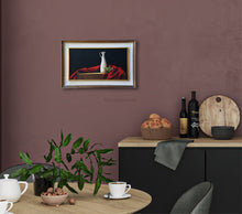 Carica l'immagine nel visualizzatore di Gallery, Olives and Oil is a framed original oil painting based on the Mediterranean Italian diet.  classic colors of red, white, and a touch of green shown in this Italian style kitchen and dining scene.