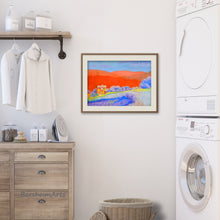 Cargar imagen en el visor de la galería, the original artwork Orange Tuscan Hills pastel painting is shown here in an example frame hanging on the wall of a neutral decor laundry room... adding a splash of color!