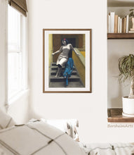 Load image into Gallery viewer, This fine art print comes with white borders for easier matting and framing.  a print of the woman with the blue panther spirit animal. shown in a boho bedroom decor.
