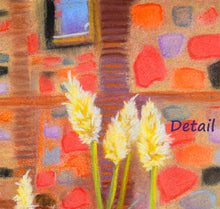 Load image into Gallery viewer, Detail of the pampas grass flowers again the fun colored bricks and stone mortared Italian house in Tuscany.  You can see the texture from the paper interacting with the pastel pigments.  Surreal beautiful color.
