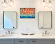 Load image into Gallery viewer, Here the pastel painting Pampas Grasses in Tuscany, Italy, would be framed behind glass to protect it from humidity of this his and her sink bathroom style.  Statement art grabs attention!  Color, yay!
