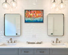 Cargar imagen en el visor de la galería, Here the pastel painting Pampas Grasses in Tuscany, Italy, would be framed behind glass to protect it from humidity of this his and her sink bathroom style.  Statement art grabs attention!  Color, yay!