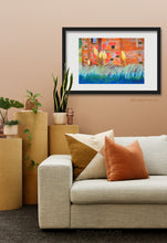Cargar imagen en el visor de la galería, Here is another example of how you could frame this colorful pastel artwork on Italian paper.  White mat with a thin, classic simple black frame looks great in this warm-colored living room scene.