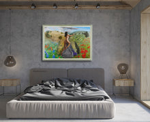 Cargar imagen en el visor de la galería, The colorful painting of the artist as Persephone brightens up this grey bedroom.  Large figurative and landscape painting that references Michelangelo as the narcissus of Persephone.