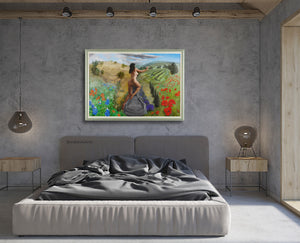 The colorful painting of the artist as Persephone brightens up this grey bedroom.  Large figurative and landscape painting that references Michelangelo as the narcissus of Persephone.